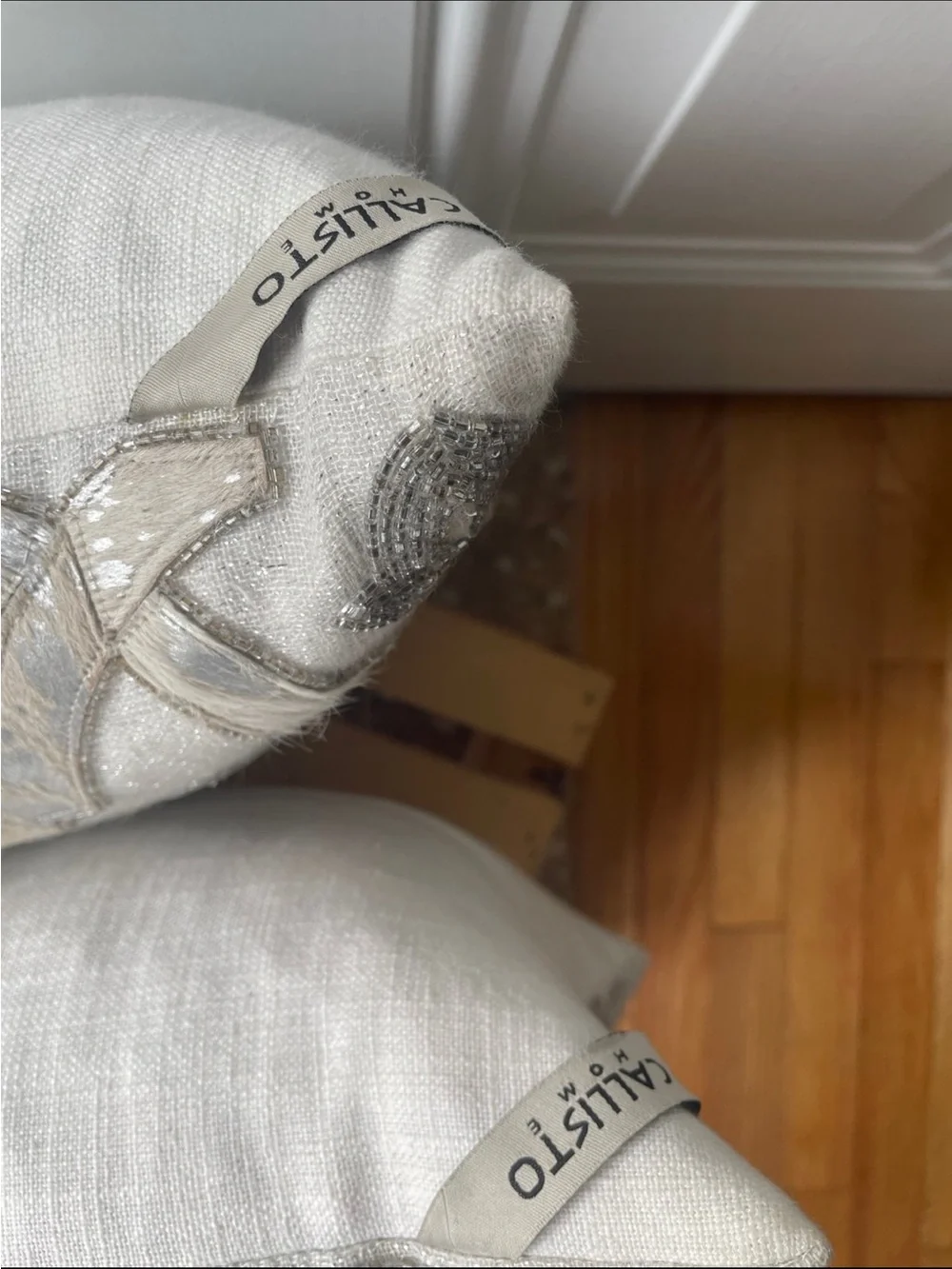 Callisto Cream and Gray Embroidered Lumbar Accent Pillow